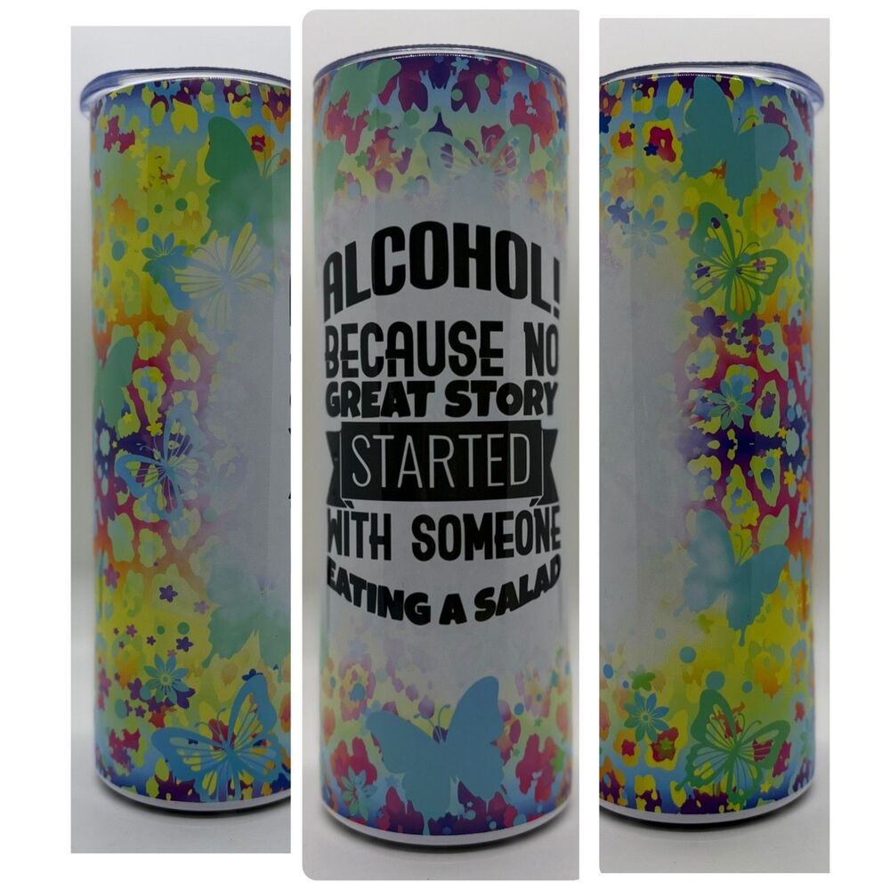 NEW "ALCOHOL/SALAD" 20 oz. Stainless Steel Tumbler w/Straw Set & Silicone Tip